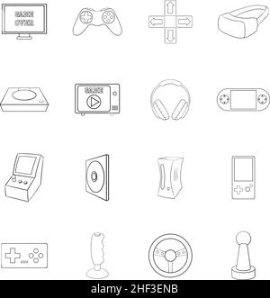 Video game set icons in outline style isolated on white background Stock Vector