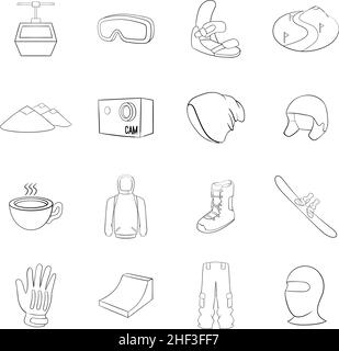 Snowboarding set icons in outline style isolated on white background Stock Vector