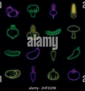 Vegetables icons set. Illustration of 16 vegetables vector icons neon color on black Stock Vector