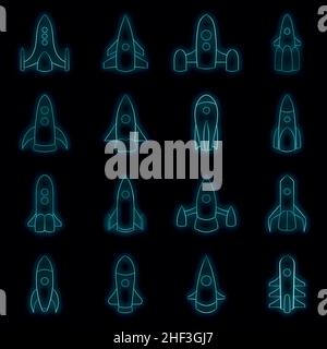 Rockets icons set. Illustration of 16 rockets vector icons neon color on black Stock Vector