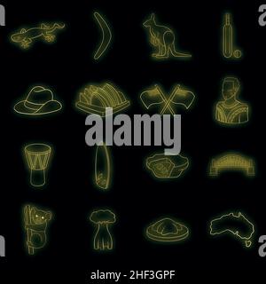 Australia travel icons set. Illustration of 16 Australia travel vector icons neon color on black Stock Vector