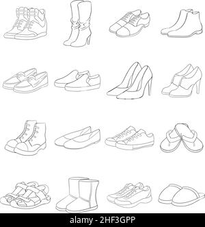 Shoe set icons in outline style isolated on white background Stock Vector