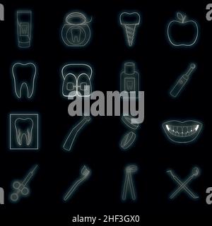 Dentist icons set. Illustration of 16 dentist vector icons neon color on black Stock Vector