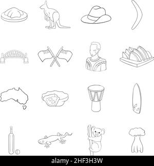 Australia travel set icons in outline style isolated on white background Stock Vector