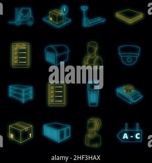 Warehouse store icons set. Illustration of 16 warehouse store vector icons neon color on black Stock Vector