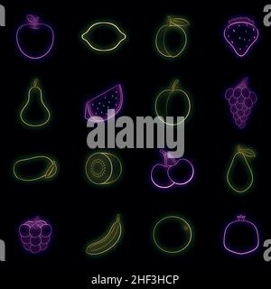 Fruit icons set. Illustration of 16 fruit travel vector icons neon color on black Stock Vector