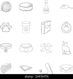 Cats accessories set icons in outline style isolated on white background Stock Vector