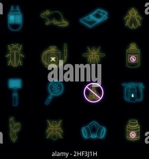 Exterminator icons set. Illustration of 16 exterminator vector icons neon color on black Stock Vector