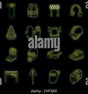Safety work icons set. Illustration of 16 safety work vector icons neon color on black Stock Vector