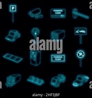 Parking items icons set. Illustration of 16 parking items vector icons neon color on black Stock Vector