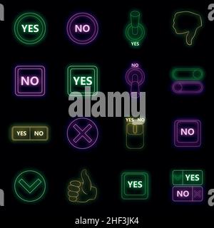 Yes no icons set. Illustration of 16 yes no vector icons neon color on black Stock Vector