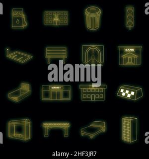 City infrastructure icons set. Illustration of 16 city infrastructure vector icons neon color on black Stock Vector