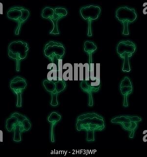 Green trees icons set. Illustration of 16 green trees vector icons neon color on black Stock Vector