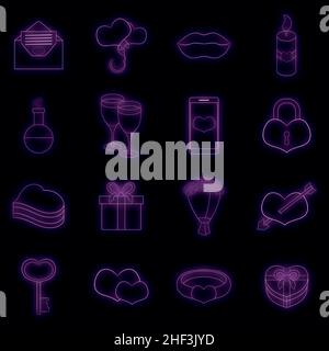 Saint Valentine day icons set. Illustration of 16 Saint Valentine day vector icons neon color on black Stock Vector