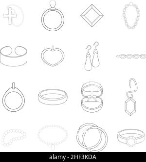 Jewelry items set icons in outline style isolated on white background Stock Vector
