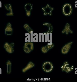 Sources of light icons set. Illustration of 16 sources of light vector icons neon color on black Stock Vector