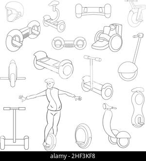 Self balancing scooter set icons in outline style isolated on white background Stock Vector