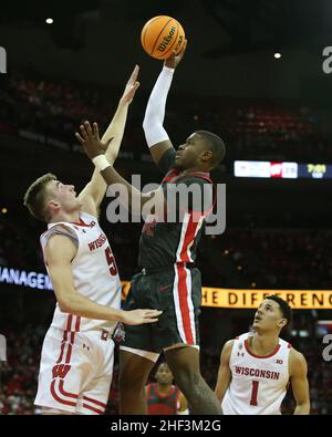 January 13, 2022: Wisconsin Badgers guard Johnny Davis (1) takes a jump ...