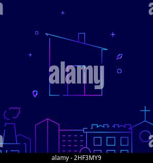 Barn, bathhouse gradient line vector icon, simple illustration on a dark blue background, cityscape buildings related bottom border. Stock Vector