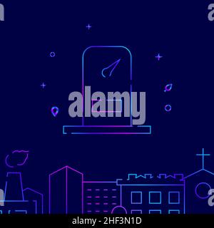 Gas station, petrol service gradient line vector icon, simple illustration on a dark blue background, cityscape buildings related bottom border. Stock Vector