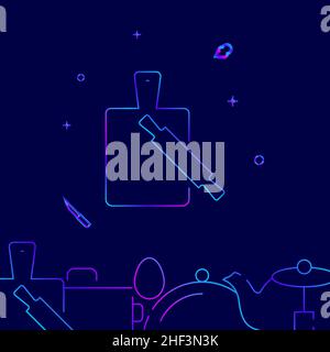 Cutting board and rolling pin gradient line vector icon, simple illustration on a dark blue background, kitchen related bottom border. Stock Vector