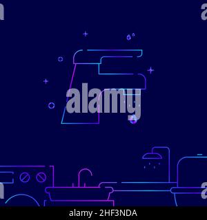 Lever mixer gradient line vector icon, simple illustration on a dark blue background, Plumbing related bottom border. Stock Vector