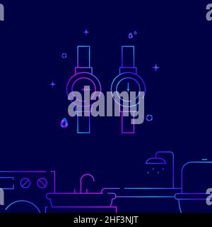 Hot and cold water meters gradient line vector icon, simple illustration on a dark blue background, Plumbing related bottom border. Stock Vector