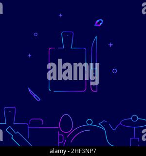 Cutting board and kitchen knife gradient line vector icon, simple illustration on a dark blue background, kitchen related bottom border. Stock Vector