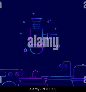 Sink siphon gradient line vector icon, simple illustration on a dark blue background, Plumbing related bottom border. Stock Vector