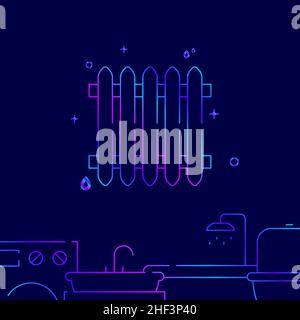 Heating battery radiator gradient line vector icon, simple illustration on a dark blue background, Plumbing related bottom border. Stock Vector