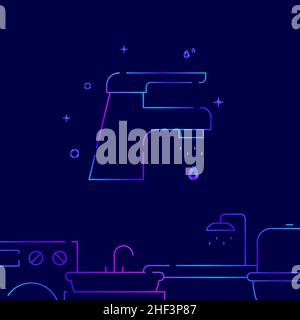 Lever mixer gradient line vector icon, simple illustration on a dark blue background, Plumbing related bottom border. Stock Vector