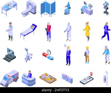 Hospitalization icons set isometric vector. Medical health. Nurse bed Stock Vector