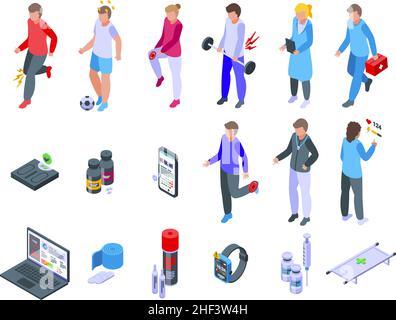 Sports doctor icons set isometric vector. Therapy injury. Hospital doctor Stock Vector