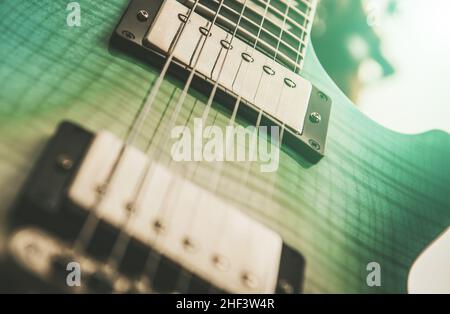 Invented in 1932 Modern Electric Guitar Instrument Close Up, Music Industry Theme. Stock Photo