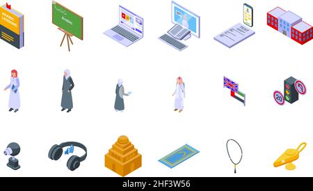 Arabic lessons icons set isometric vector. Arab joy. School lesson Stock Vector