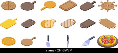 Wooden pizza board icons set isometric vector. Wood shield. Pizza food Stock Vector