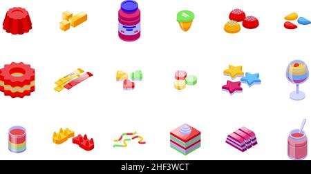 Jelly icons set isometric vector. Confectionery dessert. Frozen gelatin Stock Vector