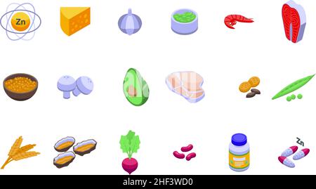 Zinc icons set isometric vector. Mineral supplement. Food vitamin Stock Vector