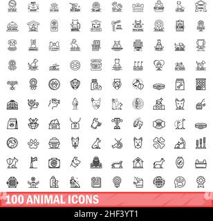 100 animal icons set. Outline illustration of 100 animal icons vector set isolated on white background Stock Vector