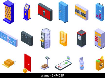 Self-service parcel delivery icons set isometric vector. Automat locker. Parcel station Stock Vector
