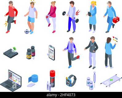 Sports doctor icons set isometric vector. Therapy injury. Hospital doctor Stock Vector