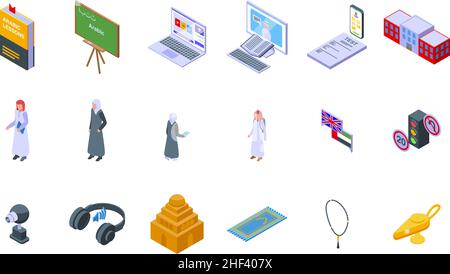 Arabic lessons icons set isometric vector. Arab joy. School lesson Stock Vector