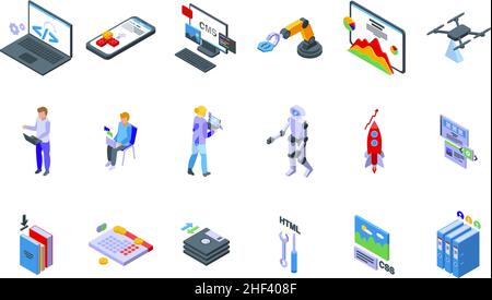 Cms development icons set isometric vector. Data code. Work application Stock Vector
