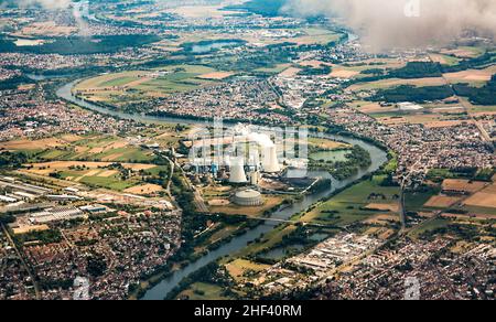 aerial of Grosskrotzenburg power station, Main river, Germany Stock Photo