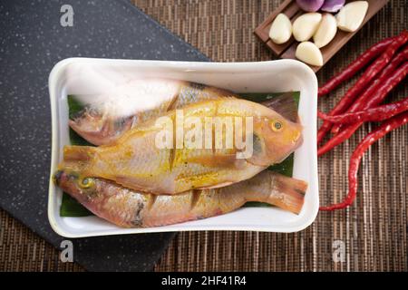 Protein source fish wrapped in polyethylene polymer foam packaging Stock Photo