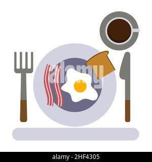 Vector illustration of breakfast - eggs with bacon, toast and a cup of coffee on a gray plate. Simple food. Vector isolated on a white background. Stock Vector