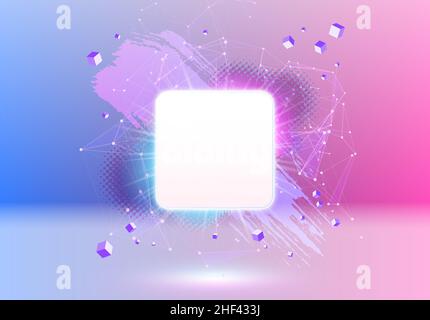 Abstract pink and blue vaporwave styled background with shiny neon frame, brush stroke, halftone blot and triangular dotted grid. Stock Vector