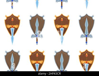 Vector seamless pattern with cartoon swords and shields on white background. Protection and strength. Rich knightley uniform. Texture with gold and si Stock Vector