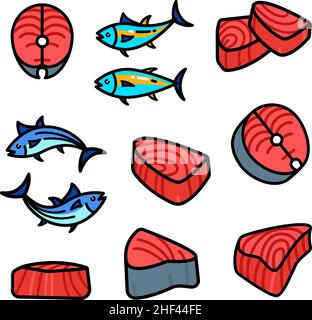 Tuna color icons set. Vector illustration collection of tuna fish for web design isolated on white background. Stock Vector