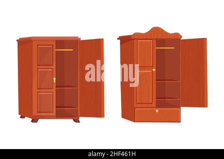 Set Wooden wardrobe empty furniture with shelf in cartoon style isolated on white background. Cupboard, drawer interior object. Vector illustration Stock Vector